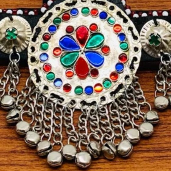 Silver Matha Patti, Traditional Matha Patti With Multicolor Glass Stone and Bell - Picture 8 of 14